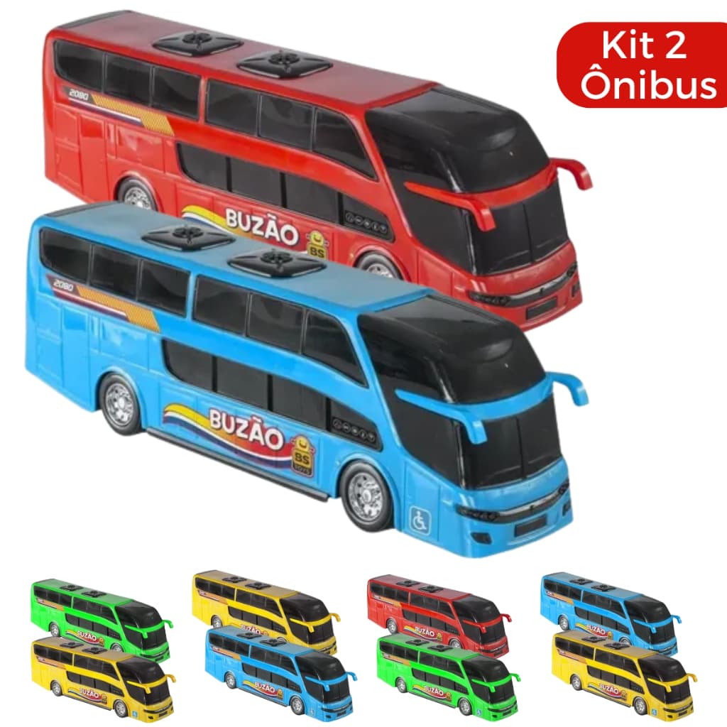 Kit Com 2 Mini Mine Ônibus Buzão 2 Andares 25cm de Brinquedo Várias Cores Bs Toys