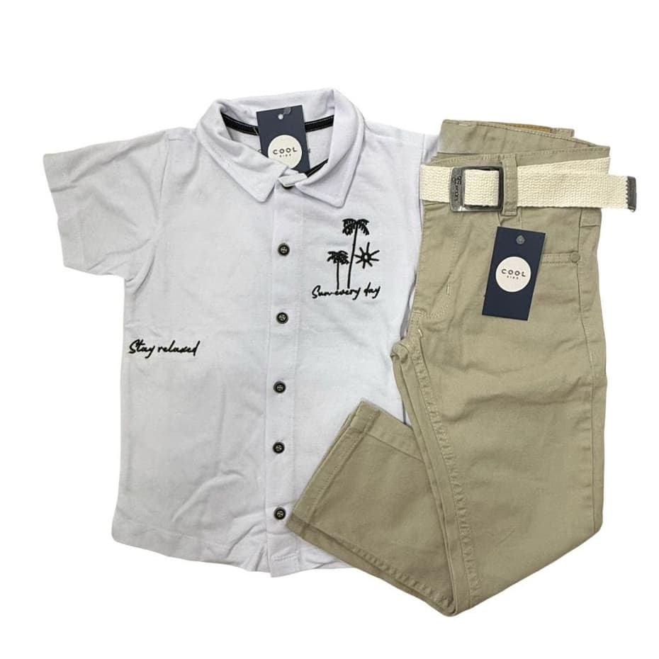 Conjunto Social Infantil Menino Camisa Botão Curta E Calça Com Elastano Juvenil Tam 4 a16anos
