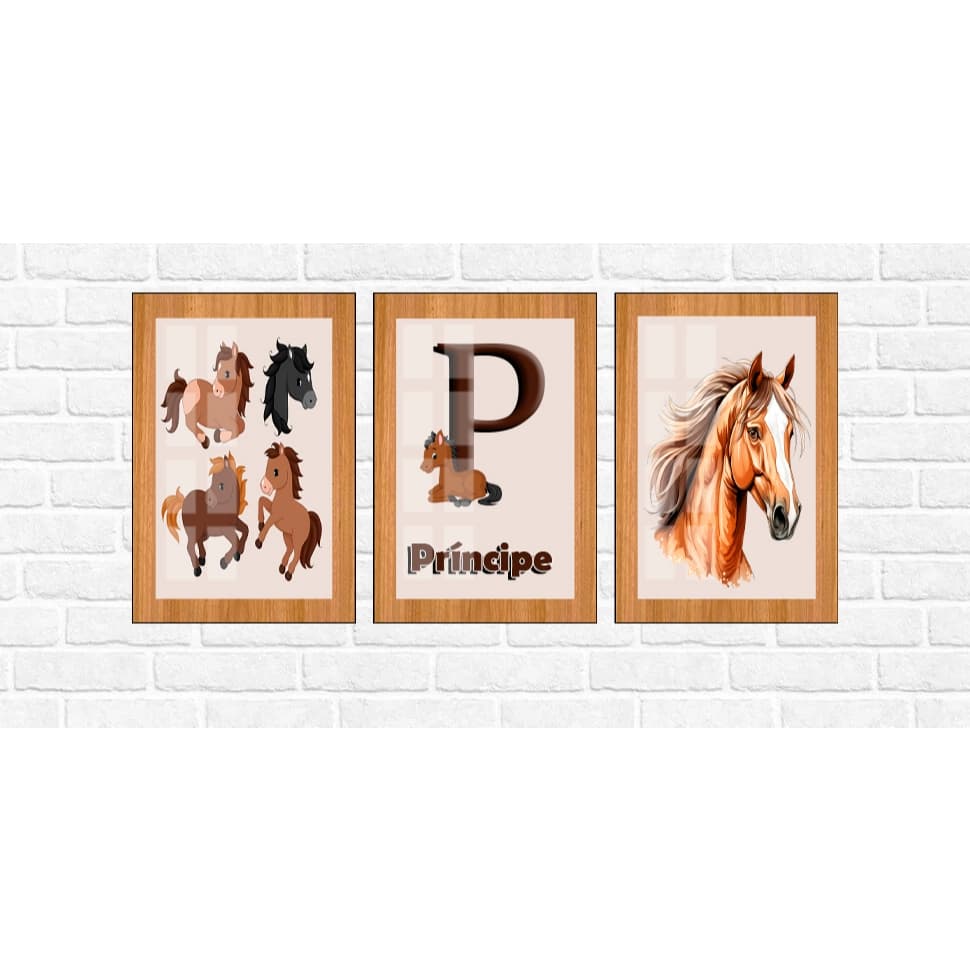 Quadros Decorativos 3p nome personalizado decoração quarto infantil cavalos