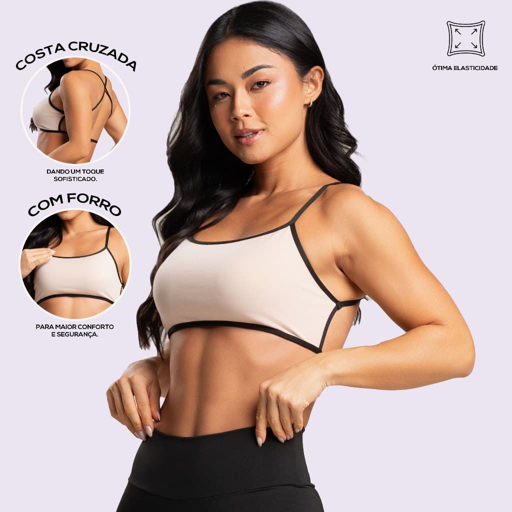 Top Fitness Bicolor Alcinha Cruzado Costa Nua Feminino com Forro e Encaixe pra Bojo Academia