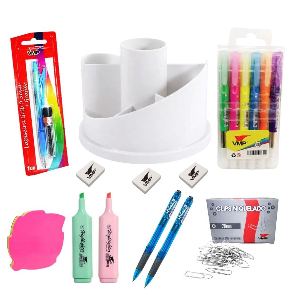 Kit Papelaria Office Volta Aulas Caneta Grip Marca Texto Candy Organizador Borracha Recadinho VMP