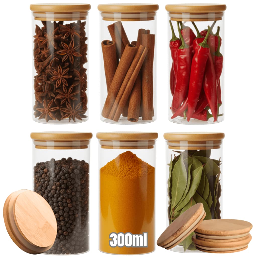 Kit 6 ou 3 Potes de Vidro Borossilicato 300ml C/ Tampa de Bambu