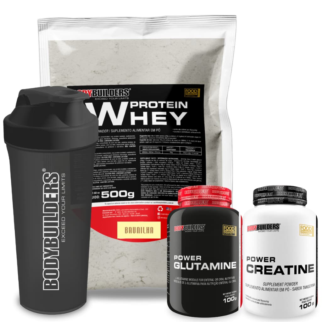 Kit Whey Protein 500g + Power Creatina 100g + Power Glutamina 100g + Coqueteleira - Bobybuilders