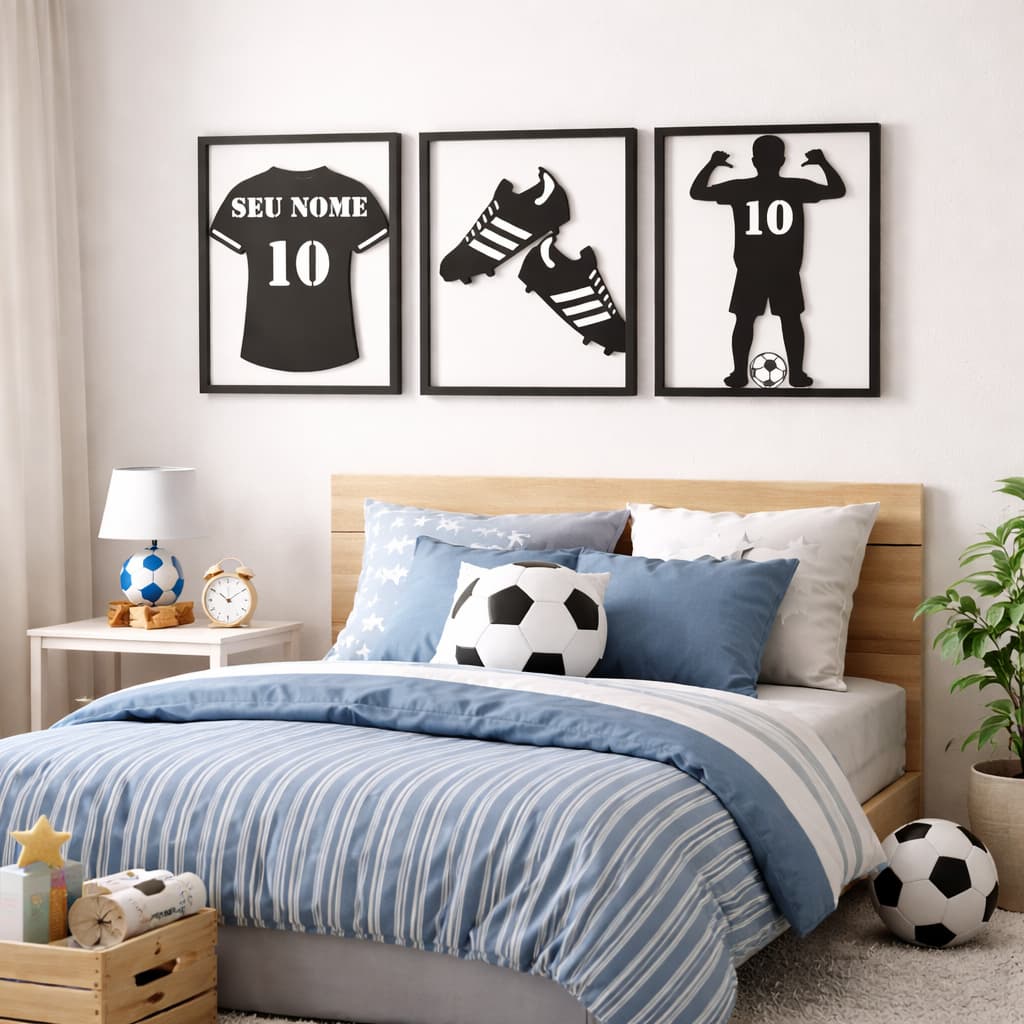 Kit 3 Quadros Decorativos Futebol Infantil MDF Preto Vazado Personalizado com Nome