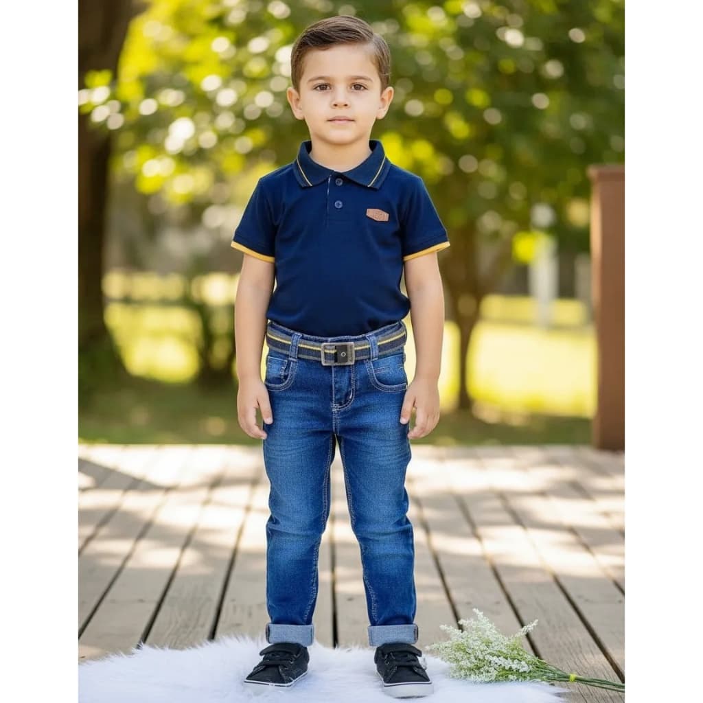 Conjunto Infantil Camisa Polo Com Calça Bege De Sarja tamanho 1 ao 16