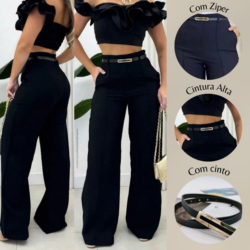 Calça Pantalona Social Alfaiataria  feminina Cintura alta com cinto