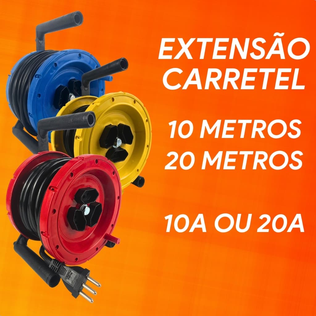 Extensão Elétrica 10m/20m Bivolt 110v 220v Carretel 3 Tomadas Tripolar 10a ou 20a