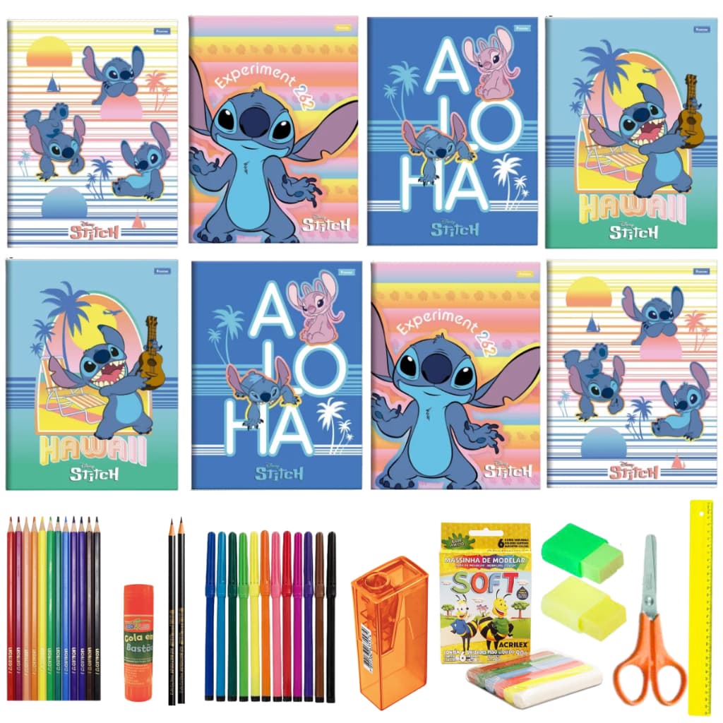 Kit 10 Cadernos Stitch Brochura 80f + 38 Acessórios pautados escolar