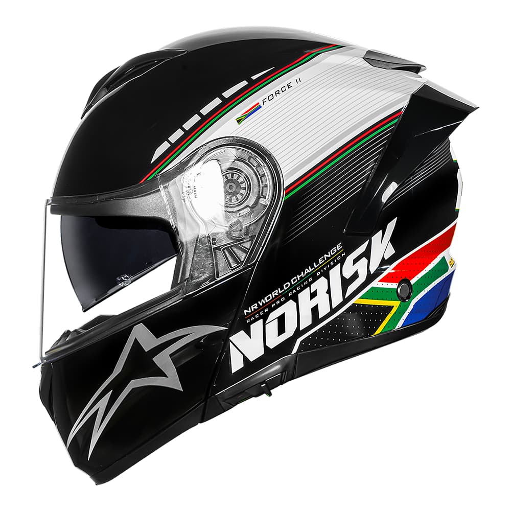 Capacete Norisk Force II Grand Prix Paises Africa do Sul - Preto Branco Verde Amarelo AZul (Articulado)