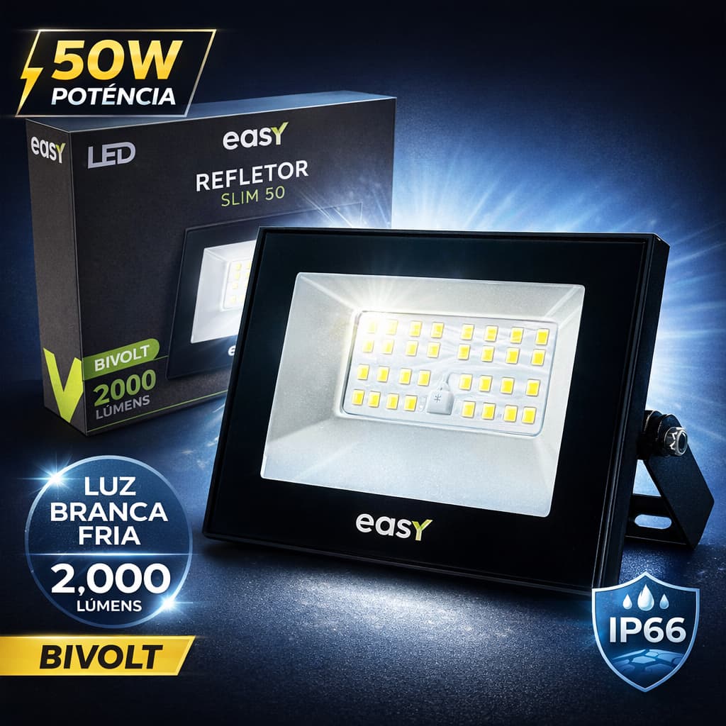 Holofote Refletor Led 50w Slim Ip66 6500k Branco Frio Bivolt Easy Pronta Entrega