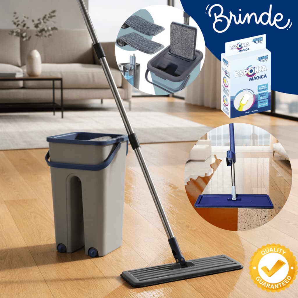 Esfregão Mop Flat Multiuso Balde 5L Inox  2 Refis Microfibra Limpa Piso Vidros Limpeza Faxina
