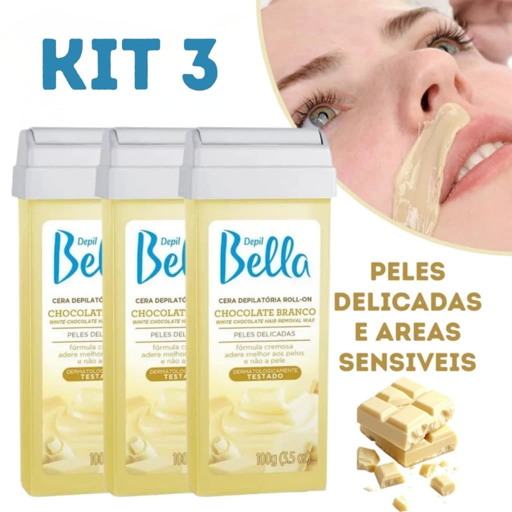 Kit 3 Cera Depilatória Depil Bella Roll-On Chocolate Branco 100gr Depilação Profissional