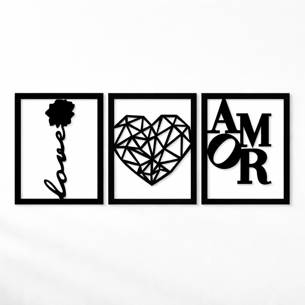Kit Quadros Decorativos Amor Coração Love MDF 3mm Preto