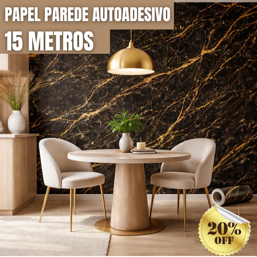 Papel Adesivo Marmore Dourado c/ Preto 5/10/15 metros Fácil de Aplicar Sala Quarto Impermeável