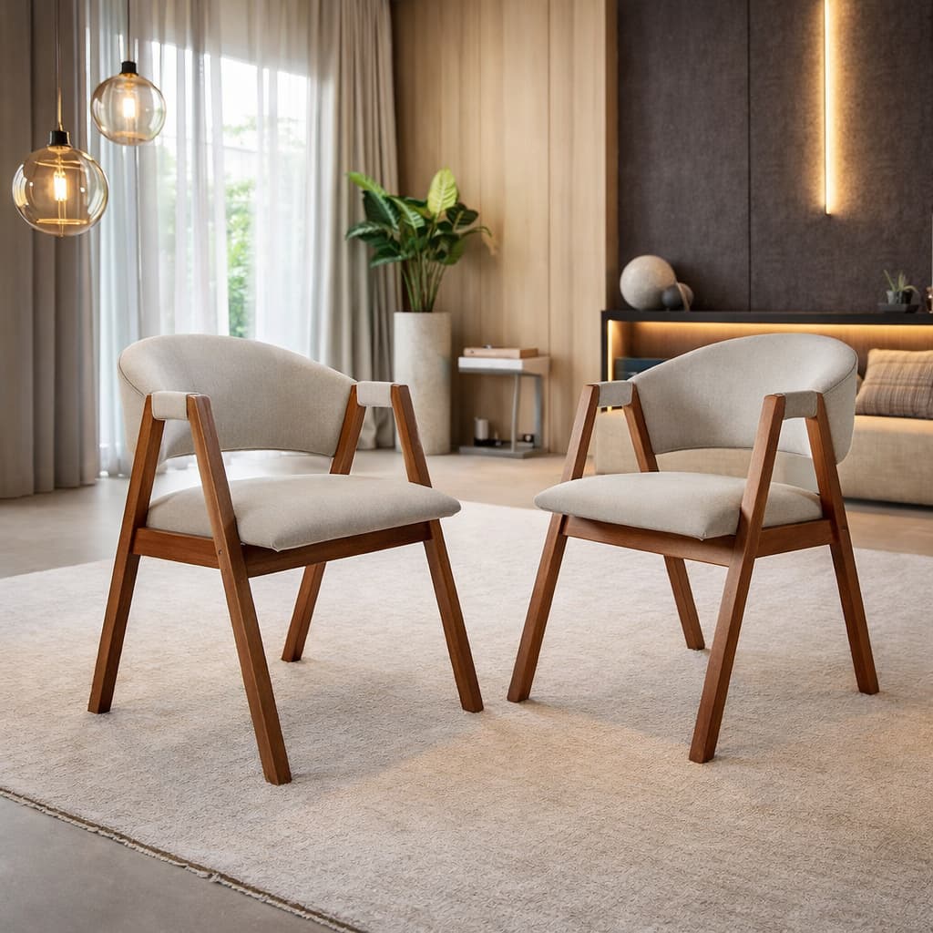 Cadeiras Estofadas Linho Alto Padrão Poltronas Sala Jantar Recepção Madeira Envernizada Resistente Linho Bege 2 Unidades