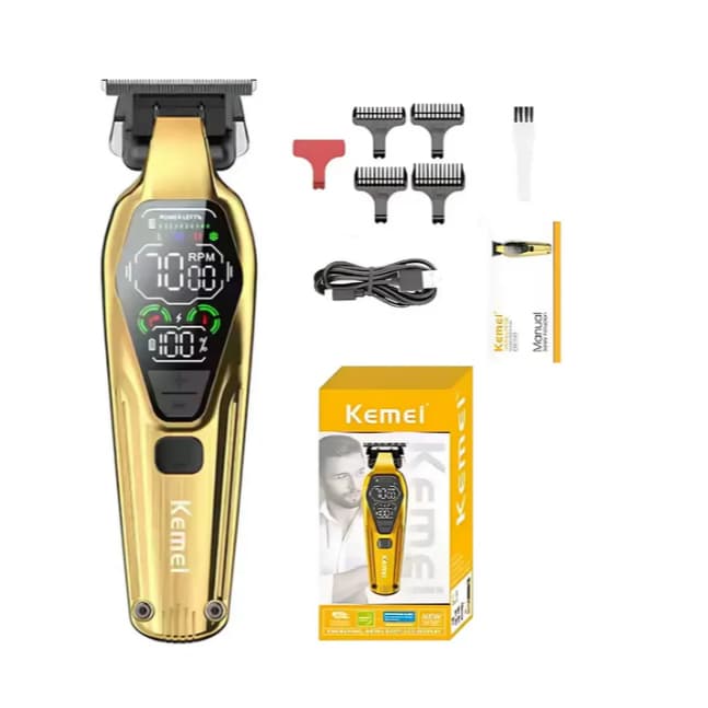 Aparador de barba Kemei 1697 9000 RPM lâmina totalmente metálica com revestimento DLC visor LED