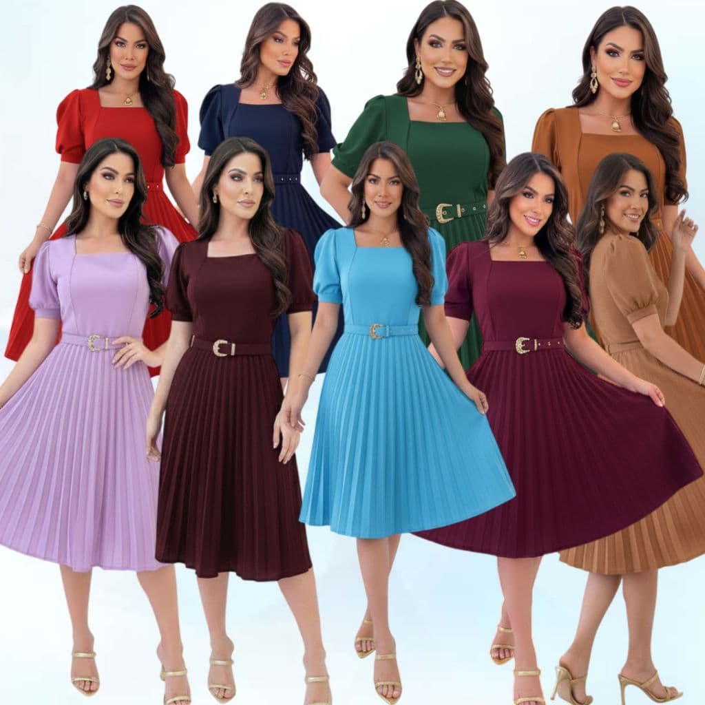 VESTIDO MIDI SAIA PLISSADA MANGA BUFANTE, CINTO MODA EVANGÉLICA MODA CRISTÃ CONGRESSO CULTO PLUSSIZE