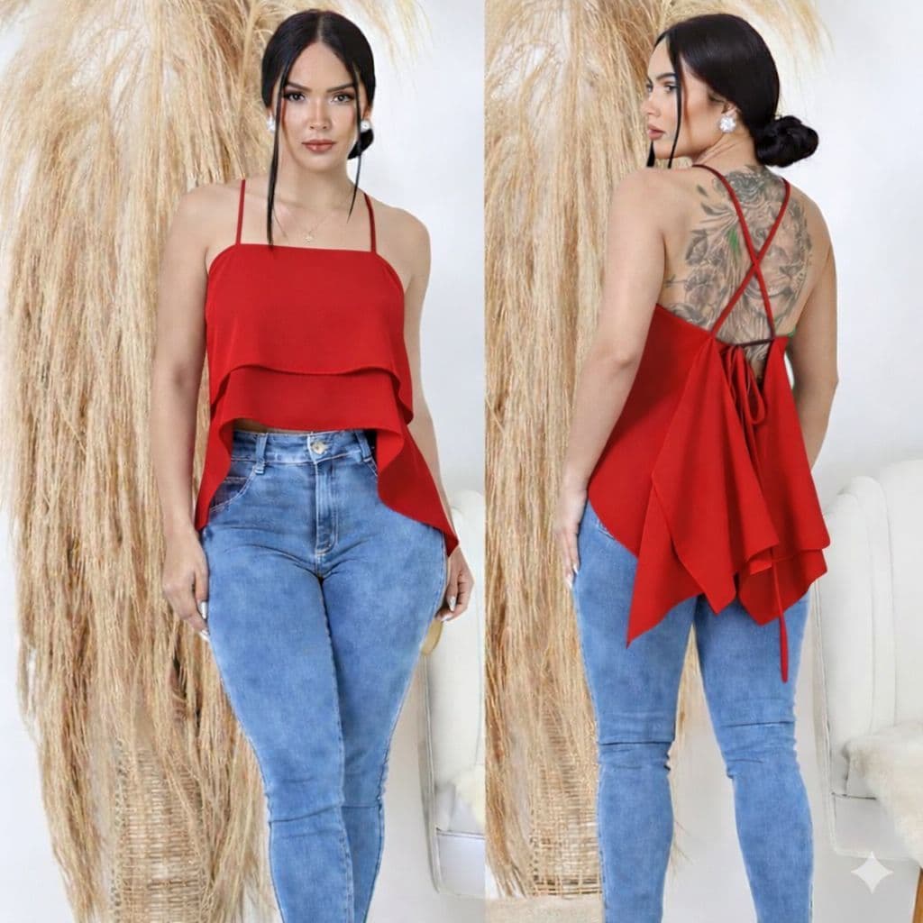 Blusa Cropped femenina 2 Morsego  Babados con Alçimha Amarração nas Costas ,con regulagen,con bojo ,no tecido duna