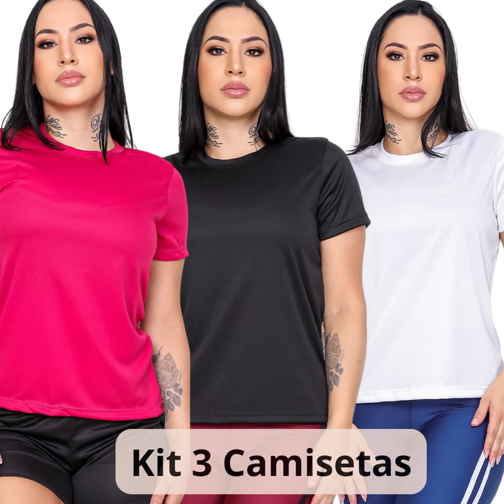 Kit 3 Camiseta Feminina Manga Curta Dry Fit Academia Fitness Respirável Esporte Dia a Dia