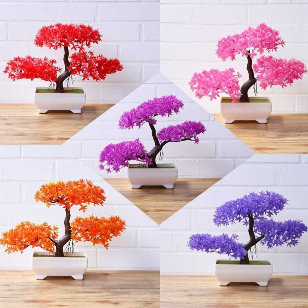 Bonsais Artificiais Coloridos: Decoração Vibrante Duradoura com Vasos Brancos Beleza sem Manutenção