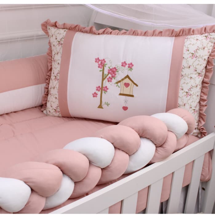Kit Para Berço 10 Peças Completo Menina Americano Bordado Luxo C/ Saia Berço