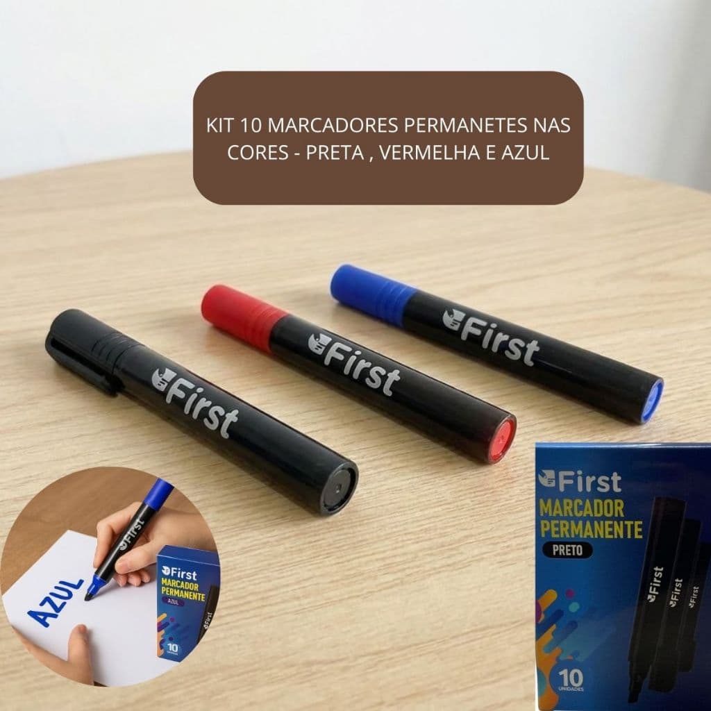 Kit 10 Marcadores Permanente Cores - Preta/ Vermelha/ Azul Secagem Rápida Volta as Aulas