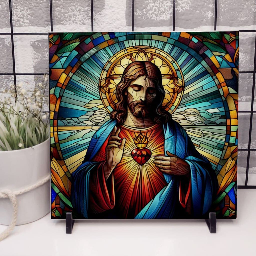 Azulejo Decorativo 15x15 de Jesus Cristo em Arte Colorida com Suporte | Fé Viva para Sua Decoração