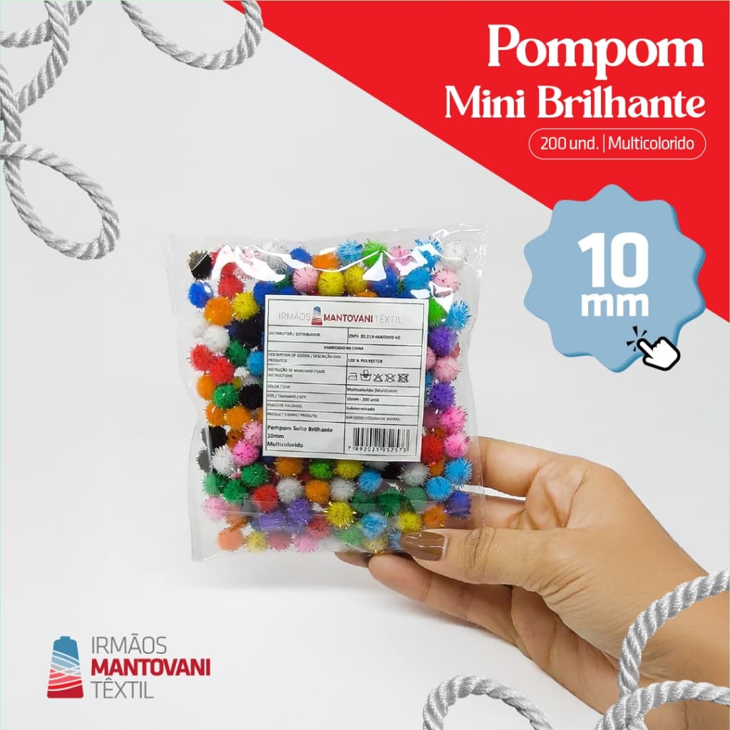 Pompom Mini Brilhante 10mm – 200 unid | Multicolorido, Artesanato, Escolar, DIY