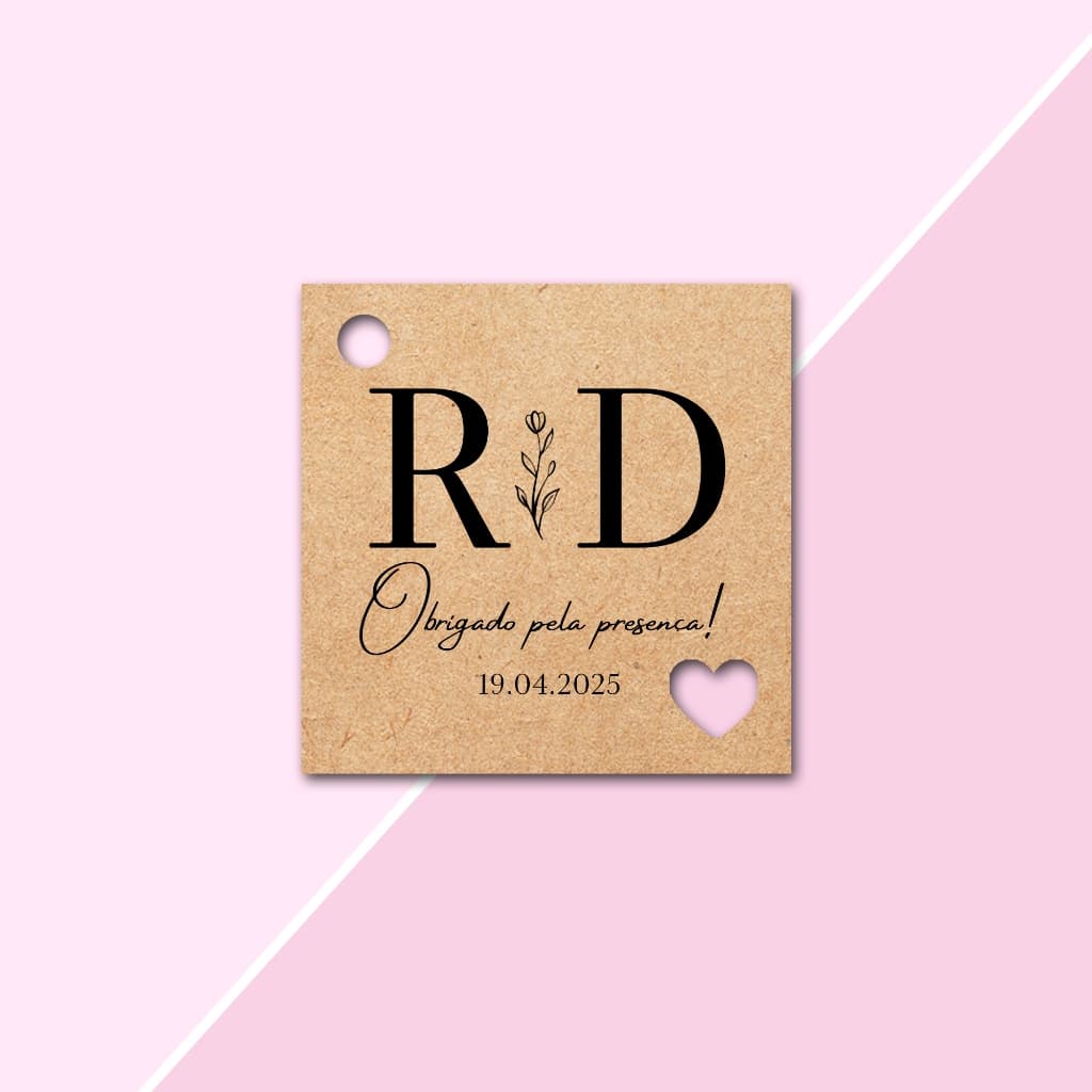 Tags Personalizadas Quadrado 4,5x4,5cm KRAFT para lembrancinhas de Casamento, Noivado e Chá de Cozinha, aniversário