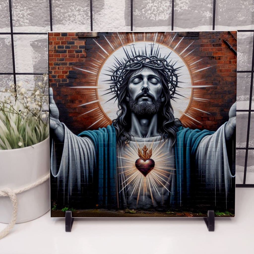 Azulejo Decorativo 15x15 de Jesus Cristo em Arte Grafitti com Suporte | Fé Viva para Sua Decoração