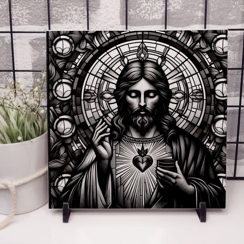 Azulejo Decorativo 15x15 de Jesus Cristo em Vitral PB com Suporte | Fé Viva para Sua Decoração