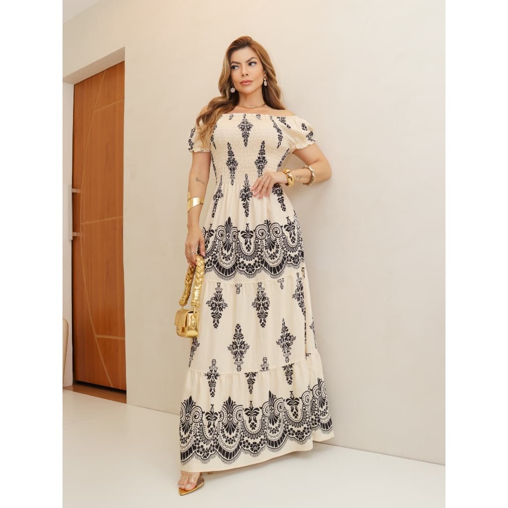 VESTIDO LONGO FLORAL | CIGANINHA OU OMBRO A OMBRO | Corpo Franzido 7029