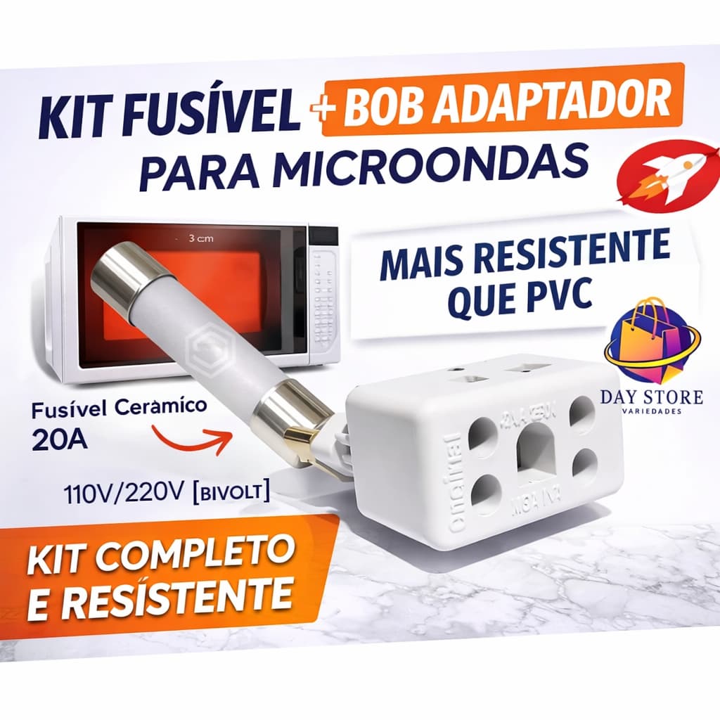 Kit Fusível Cerâmico 20A + Bob Adaptador Porcelana Sintética 10A/20A Microondas