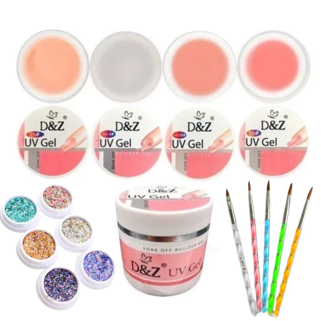 KIT 5 Gel da D&Z Led UV Gel Nude para unha tips profissional Pincel30GR + Pincel + DEcoração