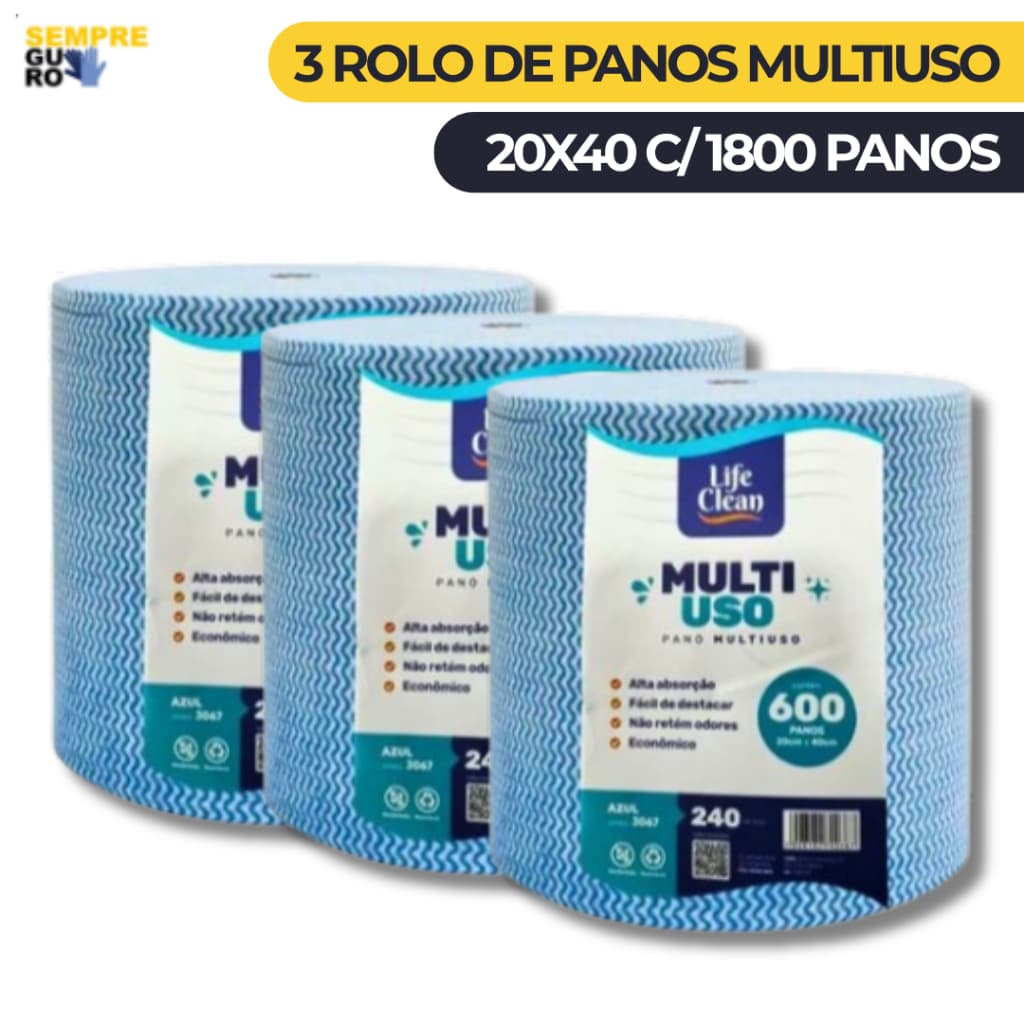 3 Rolo de Pano de Limpeza Multiuso | Perflex com 1800 Unidades c/ Dimensões de 20X40cm 240M
