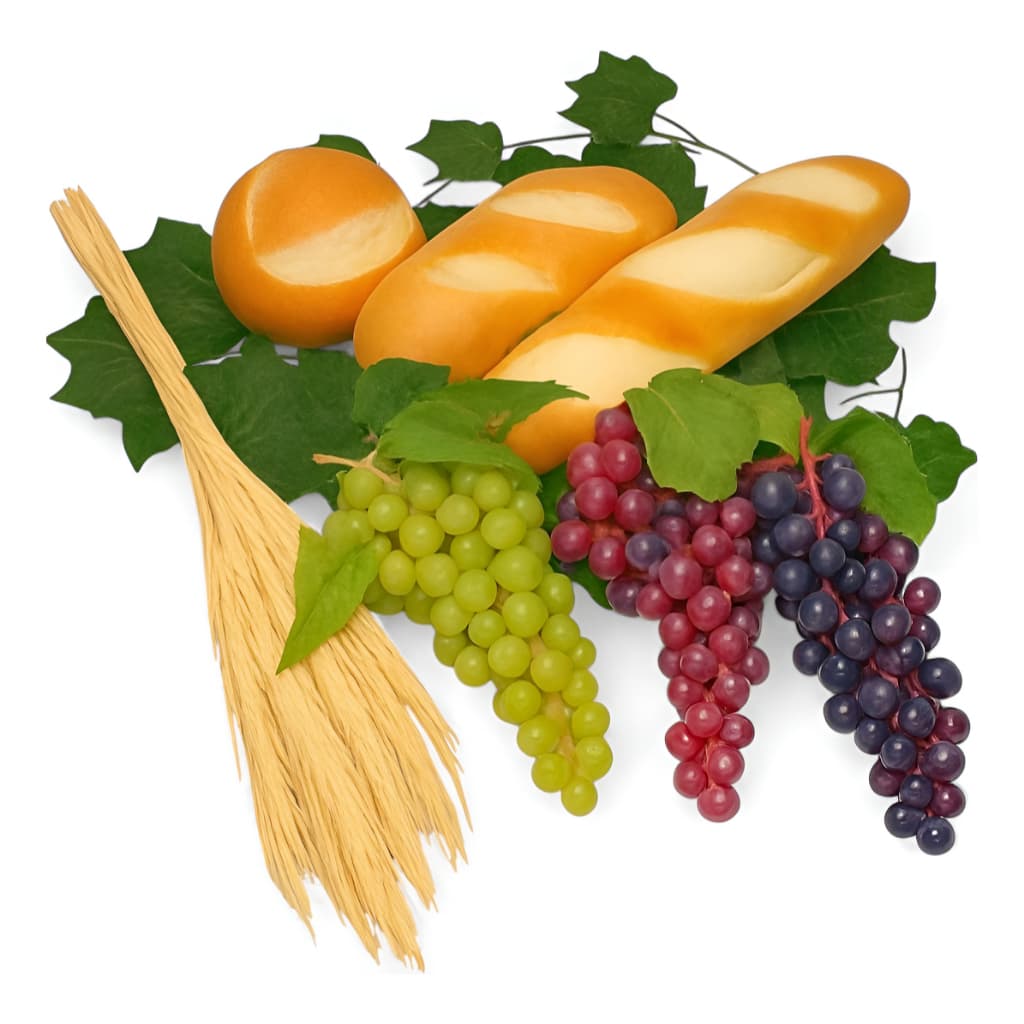 Kit Arranjo Santa Ceia 3 Pães Pequenos, 3 Uvas 24cm, Folhagem E Trigo.red,filao,baguete