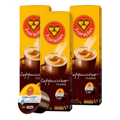 Kit com 20 Cápsulas Café Cappuccino Classic 3 Três Corações adoçado, com cacau e canela