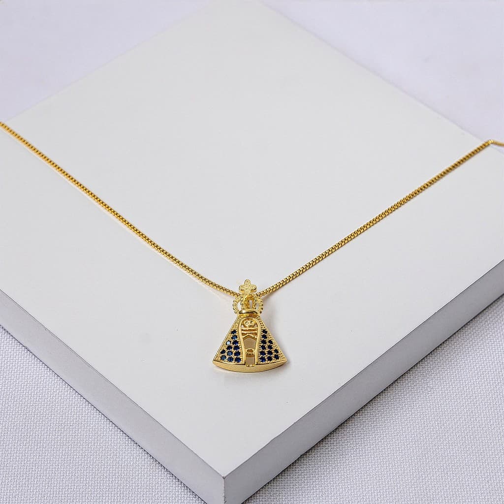 Colar Nossa Senhora Aparecida Folheado a Ouro com Zircônias Azuis
