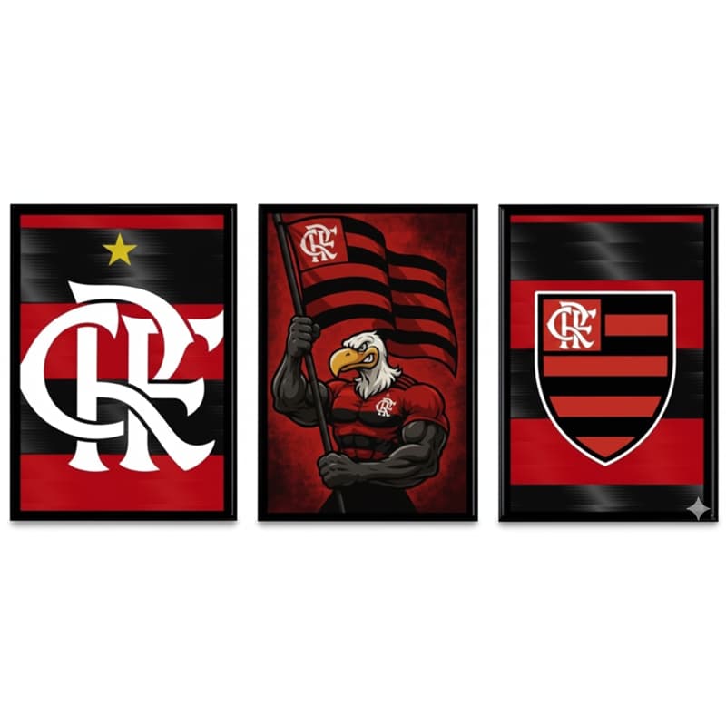 Kit 3 Quadros Flamengo 3 Peças – Decoração Rubro-Negra para Sala e Quarto