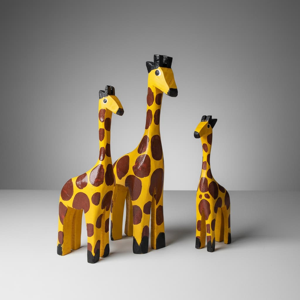 Trio Girafas Madeira Artesanal Decorativo Pintadas à Mão Animais Coloridos Estilo Savana Tropical