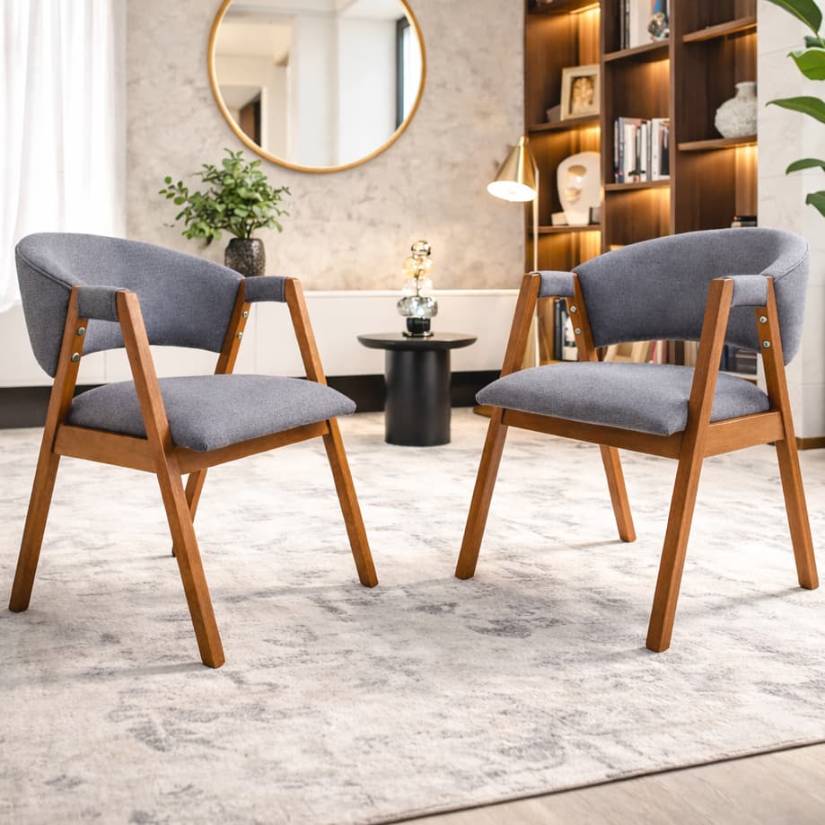 Variedades Conjunto Poltronas Alto Padrão Linho & Madeira Cadeiras Estofadas Sala Estar Recepção Sala Jantar Bege Cinza
