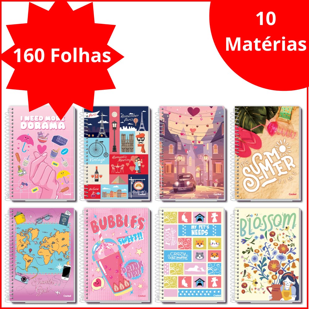Caderno 10 Matérias Credeal My Collection Escolar Universitário  160 Fls Capa Dura Feminino Kit