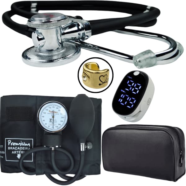Kit Enfermagem Aparelho Pressão Esfigmomanometro Estetoscopio Rappaport Duplo Adulto Oximetro