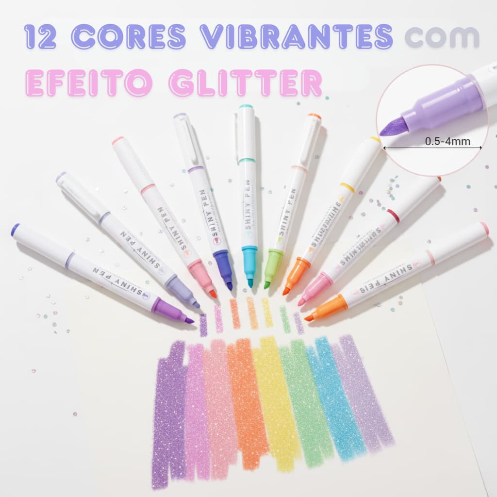 12 Pcs Canetas Marcadoras de Glitter Conjunto Fluorescentes para Anotações e Artesanato Papelaria