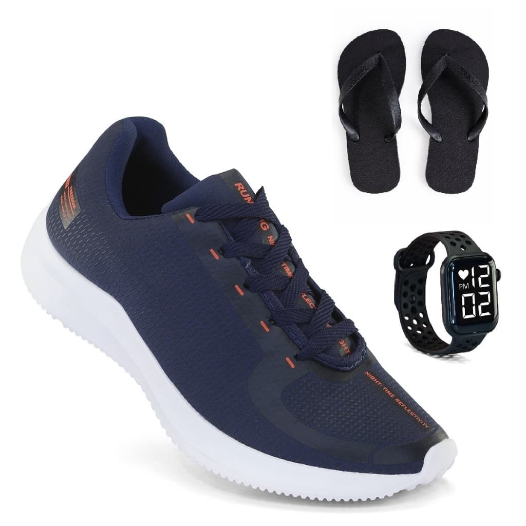 Tenis Masculino + Relogio + Chinelo Esportivo Versatil Academia Corrida Caminhada Ultra leve e Macio
