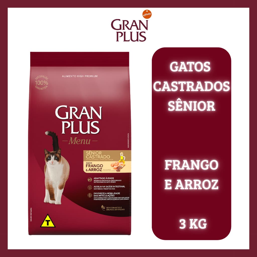 Ração para gatos GranPlus Menu Para Gatos Sênior Castrados Sabor Frango e Arroz- 3Kg