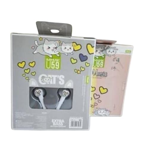 FONE DE OUVIDO U59 COM MICROFONE GATINHO COM FIO