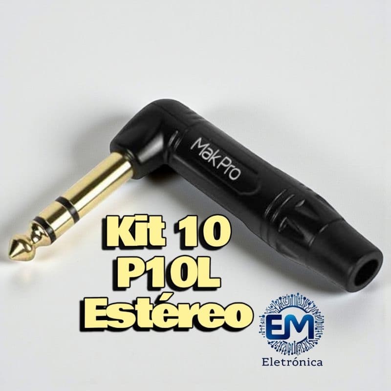 Kit com 10 Conectores P10 L Estéreo 90 Graus Soldável Áudio Profissional