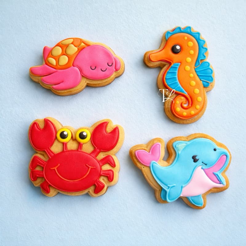 Kit Cortador e Carimbo de Biscoitos do Fundo do mar 8cm, Artigo de confeitaria 4 peças