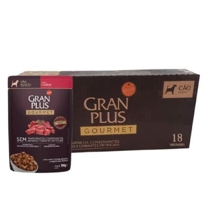 Kit GranPlus Gourmet Cães Adultos Carne 10 Sachês 100g Cada Alimento Úmido Premium